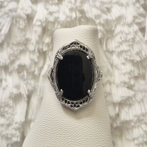 Antique 10k White Gold Art Deco Cabochon Black Onyx Ring